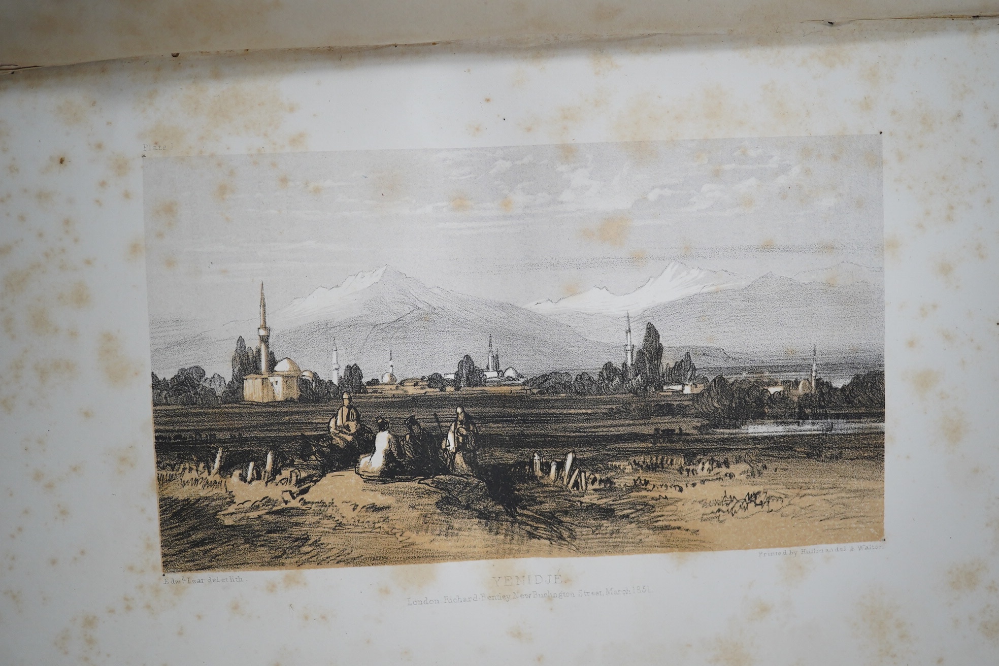 Lear, Edward - Journals of a Landscape Painter in Albania, 1st edition, original blind stamp blue cloth, gilt titles, spine bumped, small tear to upper front hinge, with litho map and 20 tinted litho plates, Richard Bent